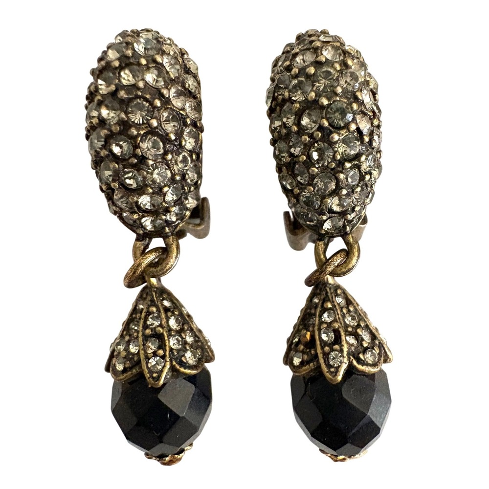 Sparkling Crystal Dangle Clip On Earrings Black Gemstone Glamorous Evening